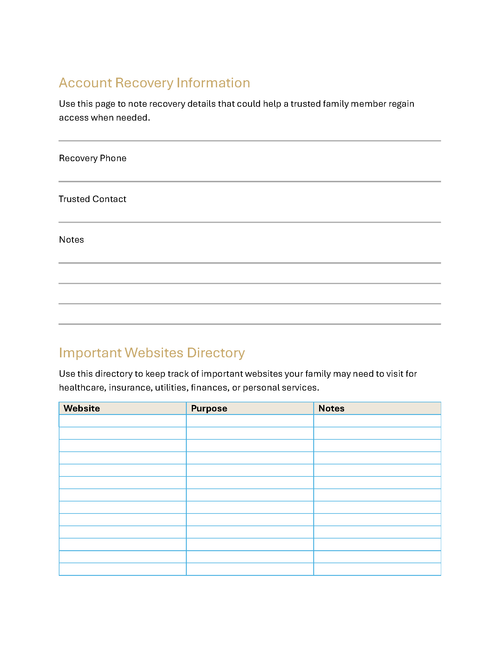 Family Digital Information Organizer | Online Account & Digital Information Workbook | Instant Digital Download